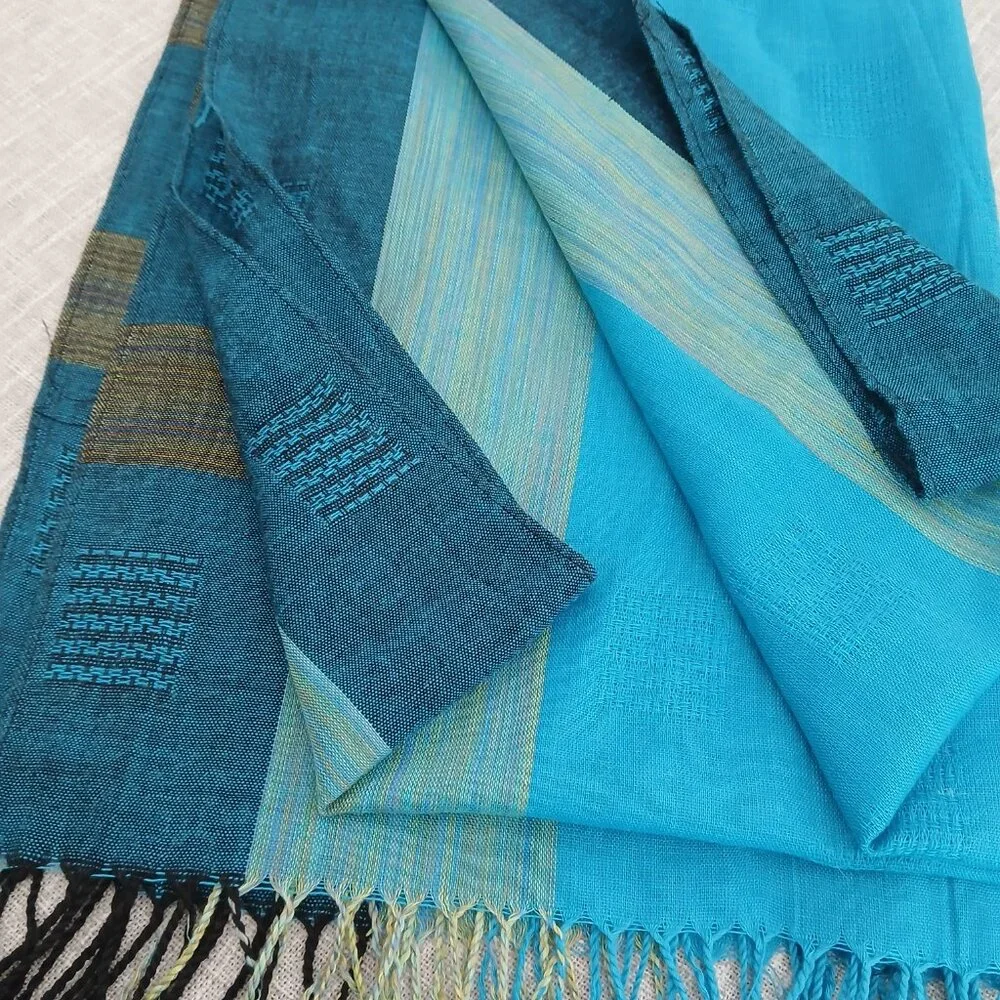 Woven Aqua, Blue Green and Black Long Scarf Shawl